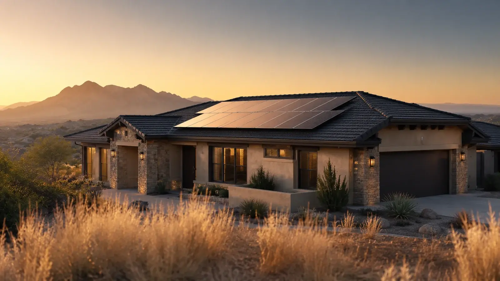 A modern Southwestern home with rooftop solar panels catching golden-hour sunlight