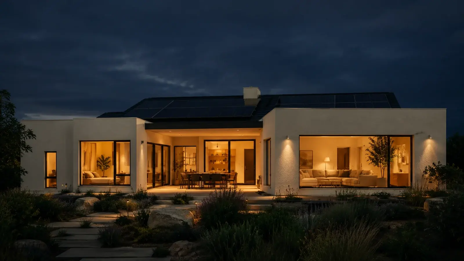 A modern single-story home at dusk with rooftop solar panels, warm amber light glowing through large windows against a deep twilight sky
