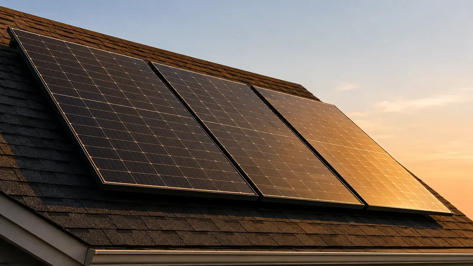 A row of black photovoltaic panels installed on a residential asphalt-shingle roof, catching warm golden-hour sunlight